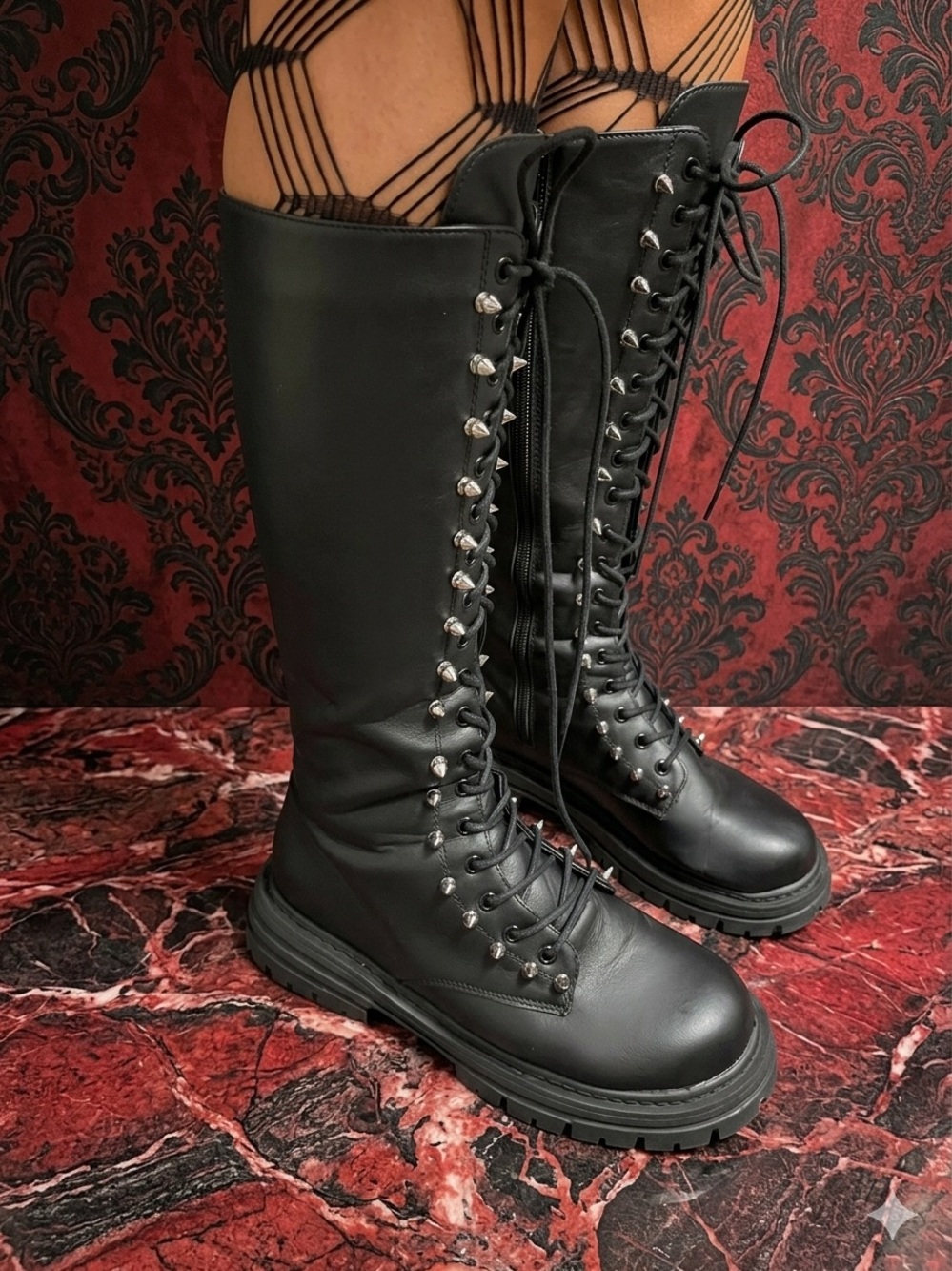 Custom Tragic Beautiful Black Hand Spiked Stud Lace-Up Knee Boots - Picture 3 of 5